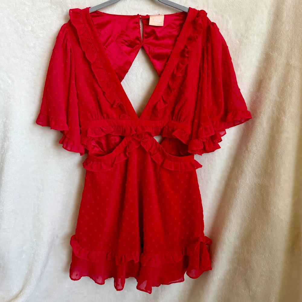 Sage Paige Red Mini Dress Size L Ruffle Cutout Waist V Neck Flutter Sleeves